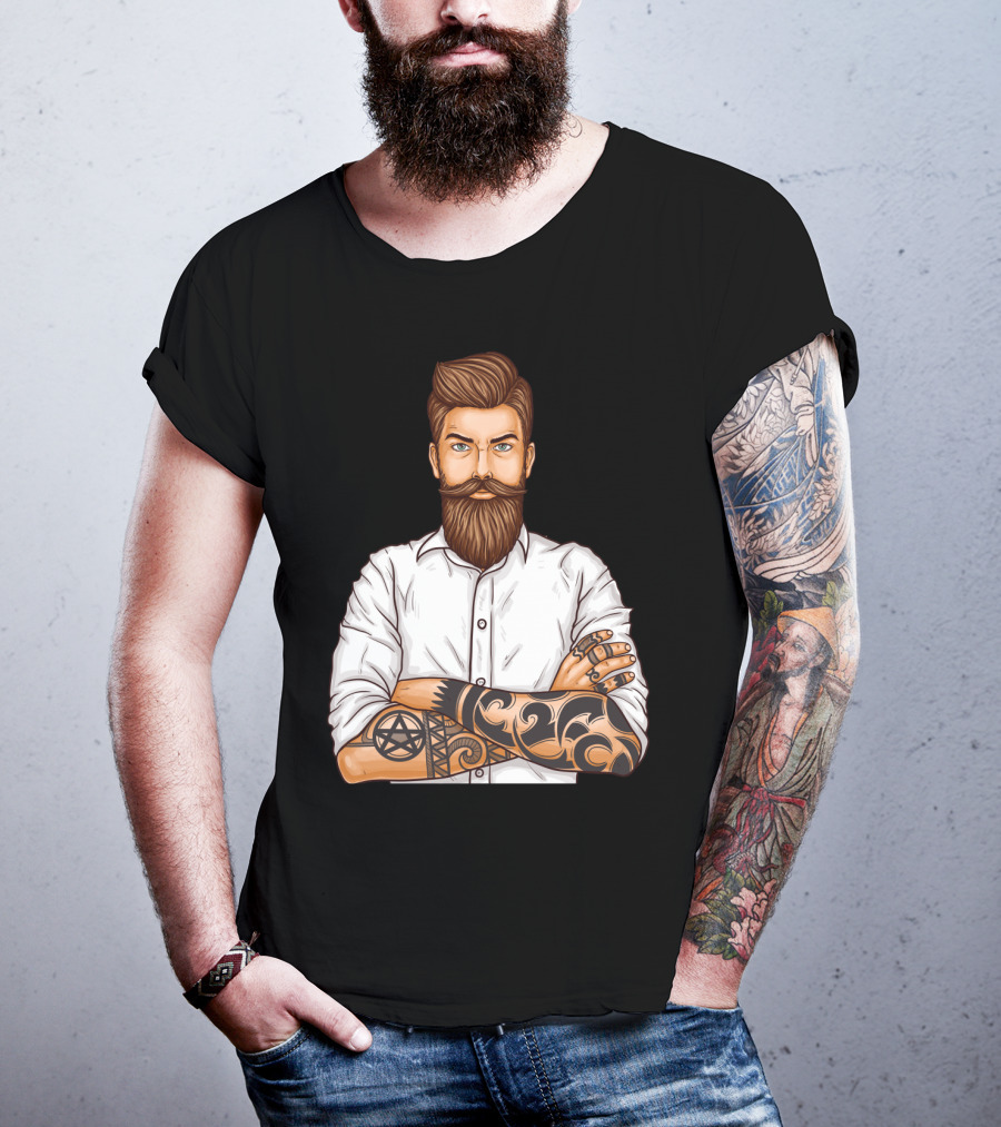 Barber Style Bearded Man With Tattoo T-Shirt