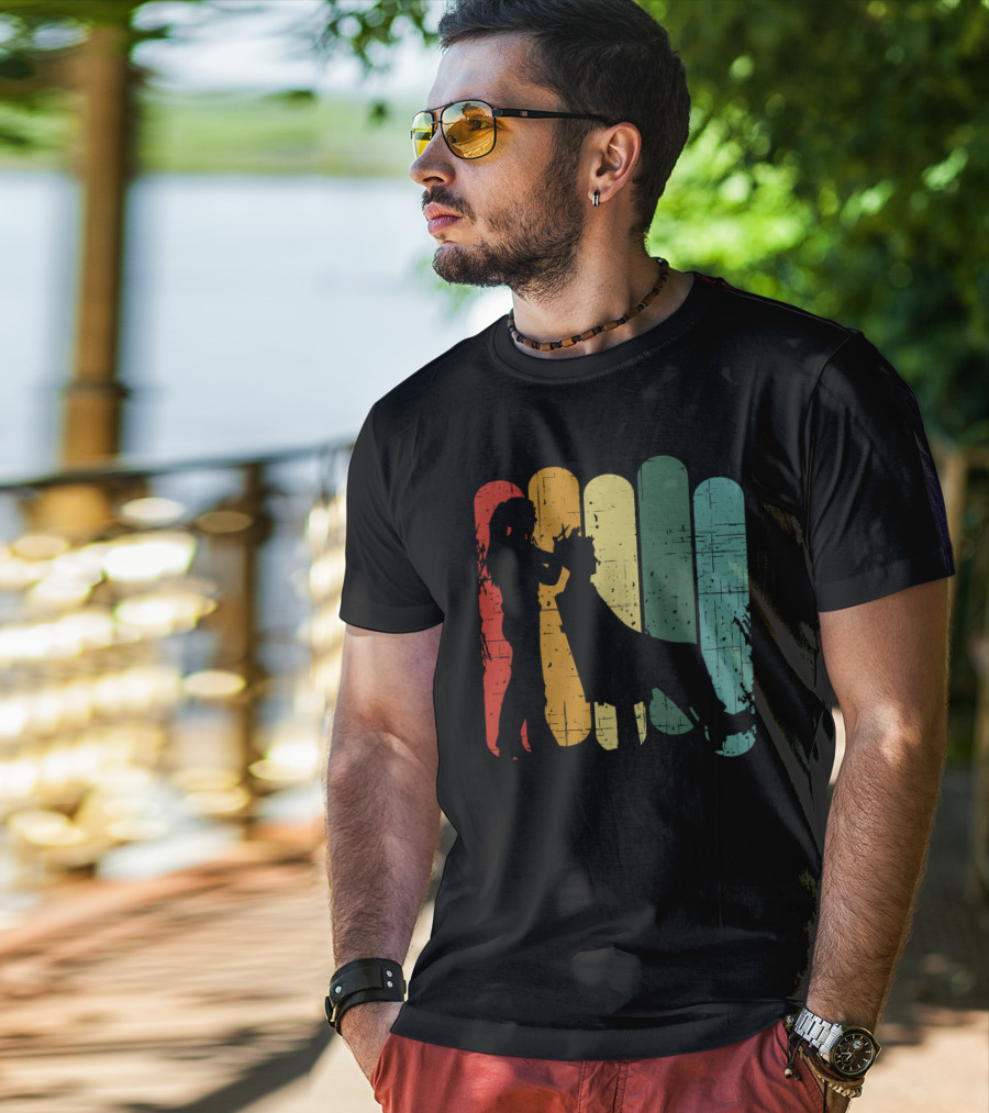 Vintage Retro Hair Stylist Silhouette On Multicolor Stripes T-Shirt
