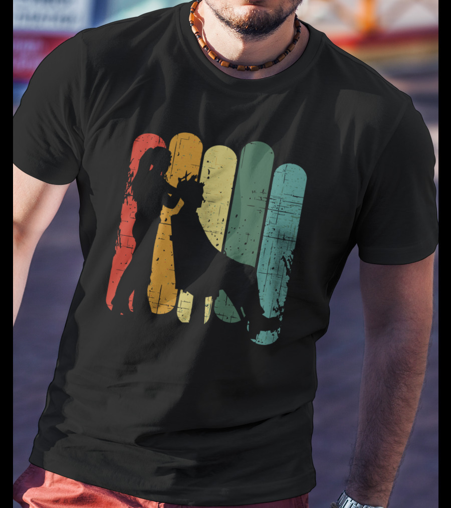 Vintage Retro Hair Stylist Silhouette On Multicolor Stripes T-Shirt
