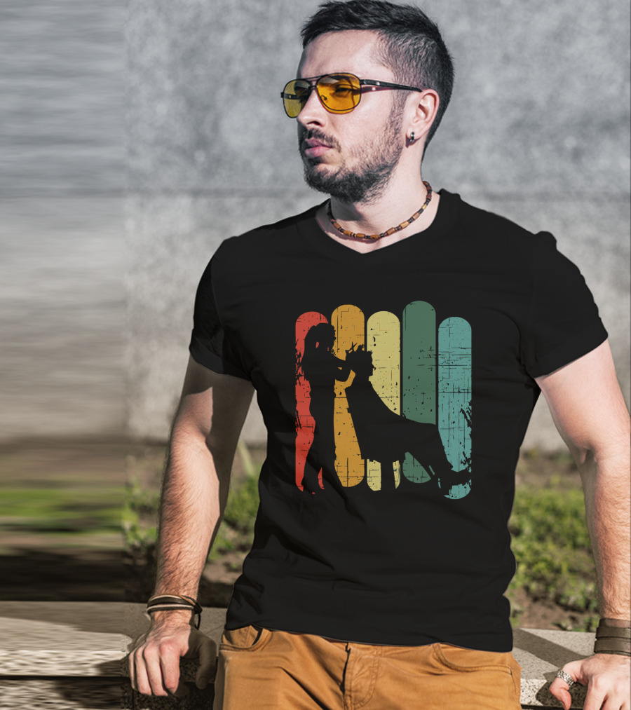 Vintage Retro Hair Stylist Silhouette On Multicolor Stripes T-Shirt