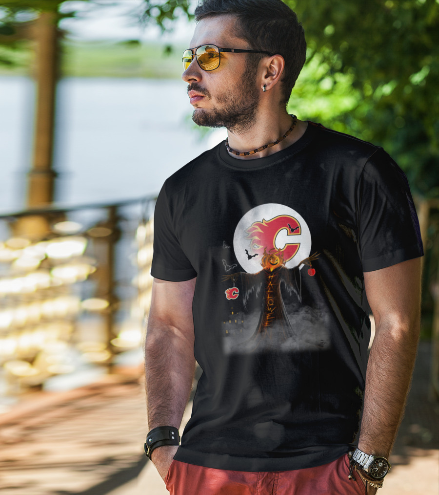 Halloween Calgary Flames Spooky Pumpkin Head With Full Moon And Bats T-Shirt