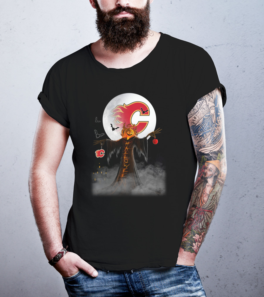 Halloween Calgary Flames Spooky Pumpkin Head With Full Moon And Bats T-Shirt