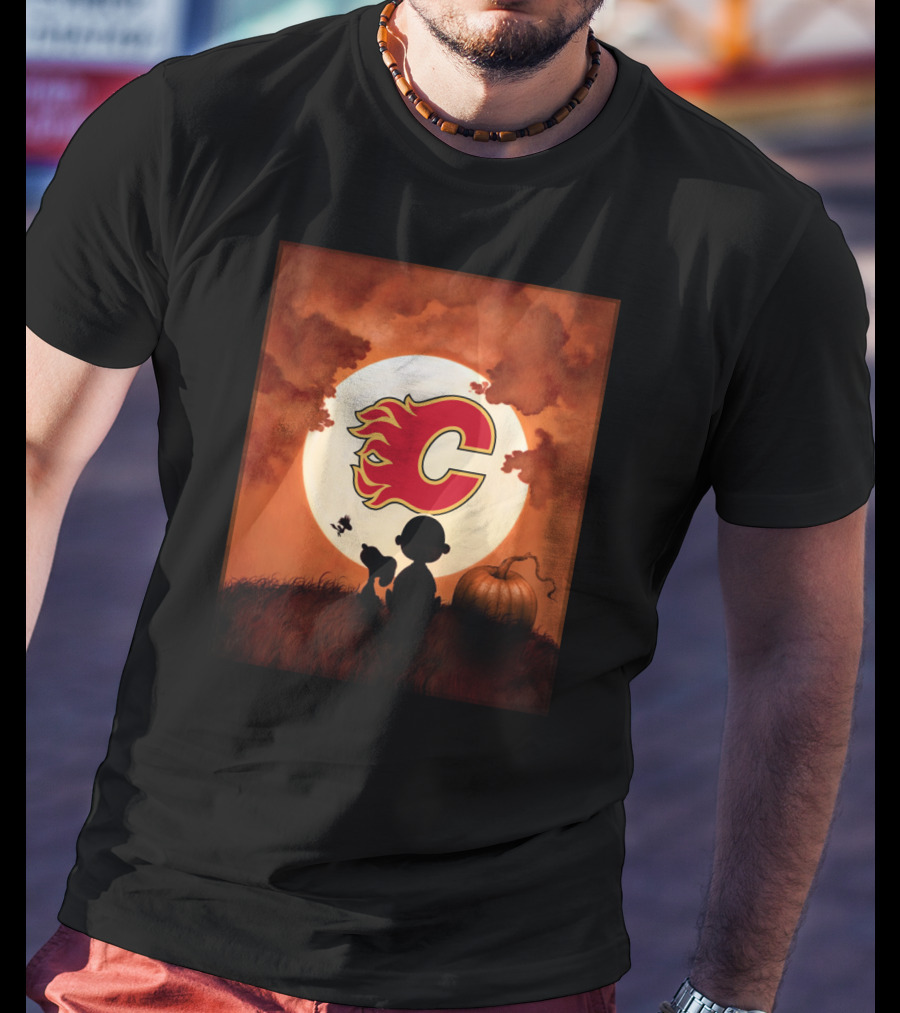 Calgary Flames Halloween Moon And Pumpkin T-Shirt