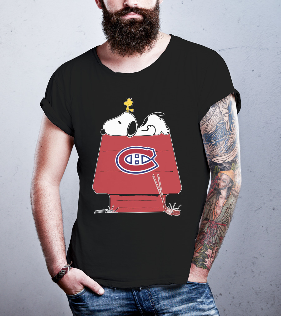 Snoopy And Woodstock With Montreal Canadiens Logo On Doghouse With Hockey Stick T-Shirt