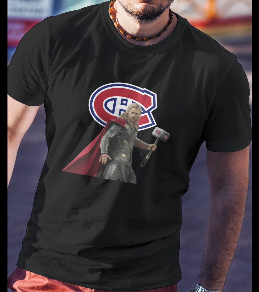 Canadiens Logo With Hero Holding Mjölnir Hammer T-Shirt