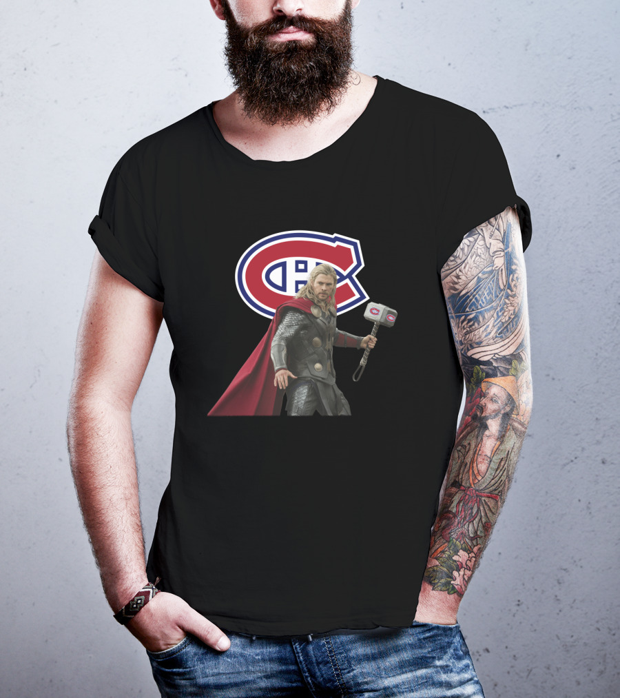 Canadiens Logo With Hero Holding Mjölnir Hammer T-Shirt