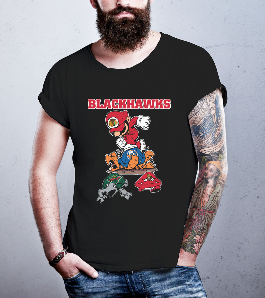 Chicago Blackhawks Hockey Mashup With Iconic Characters And Logos T-Shirt