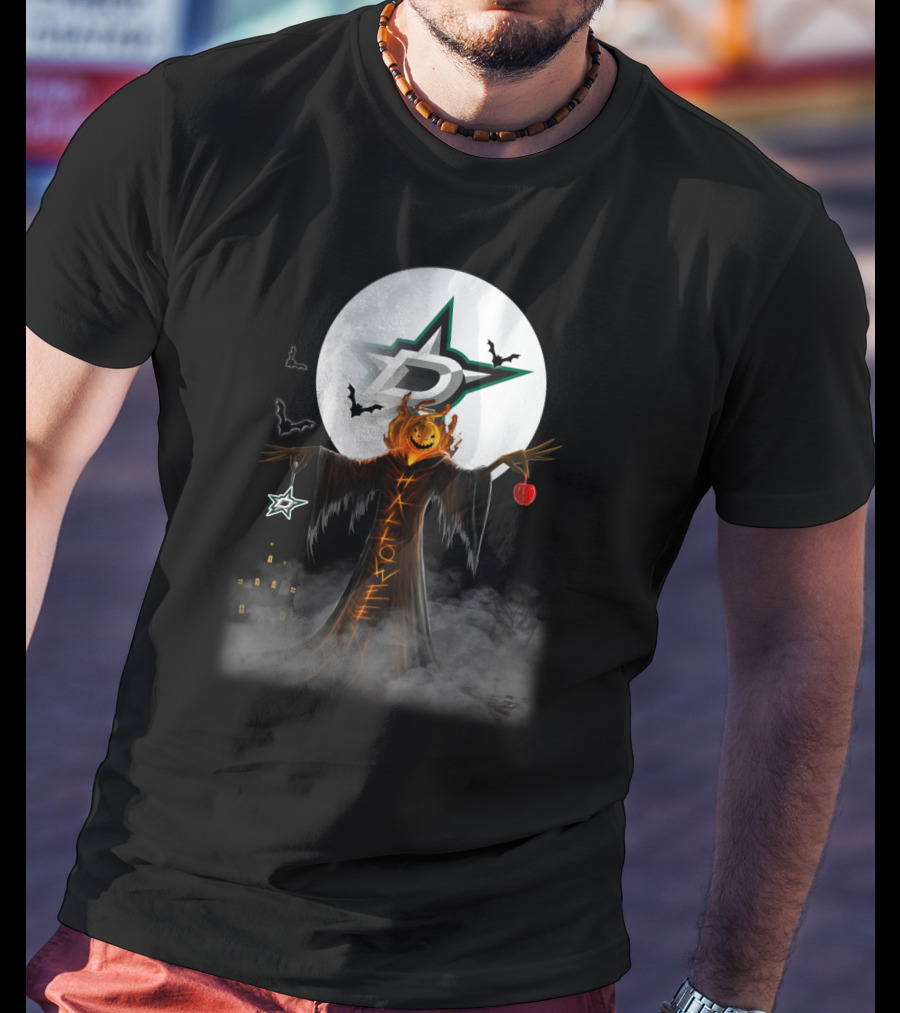 Halloween Dallas Stars Pumpkin Head With Bats And Moon T-Shirt