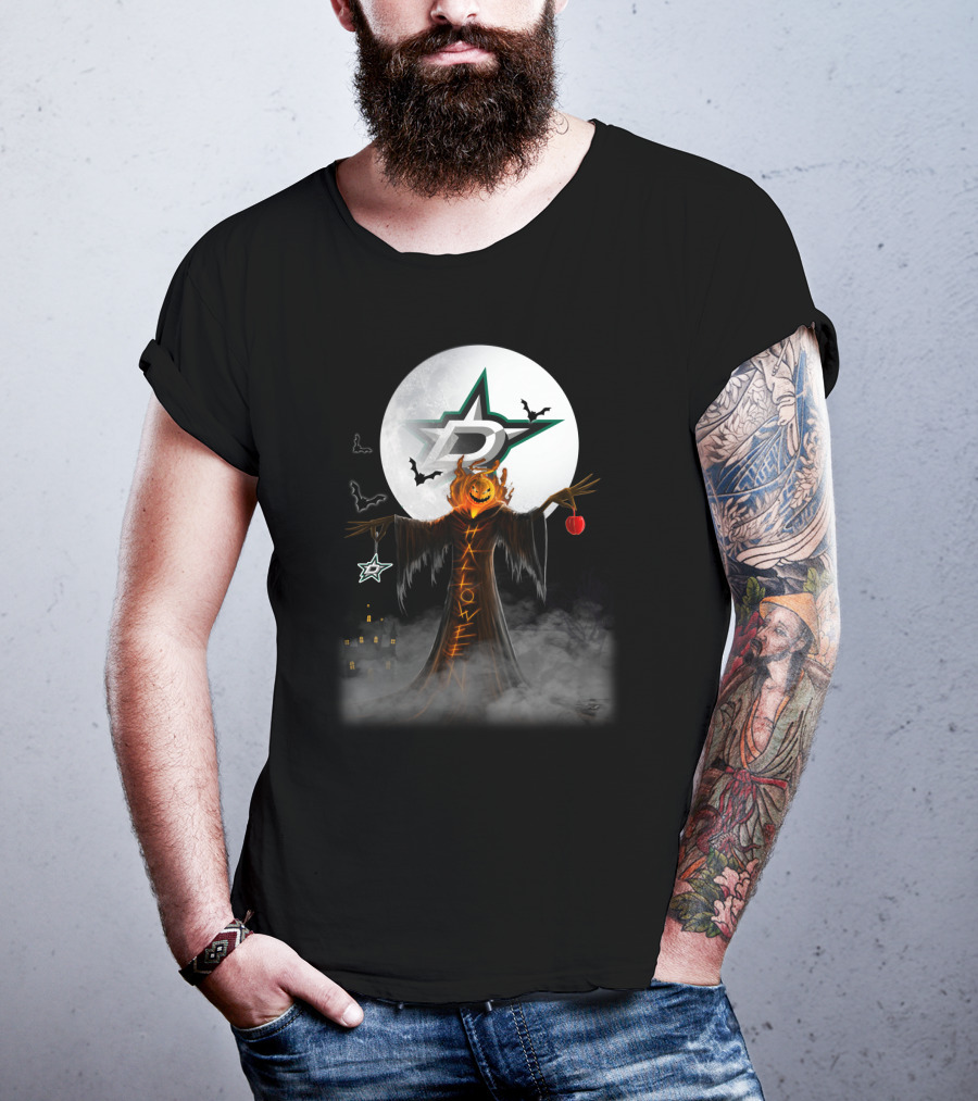 Halloween Dallas Stars Pumpkin Head With Bats And Moon T-Shirt