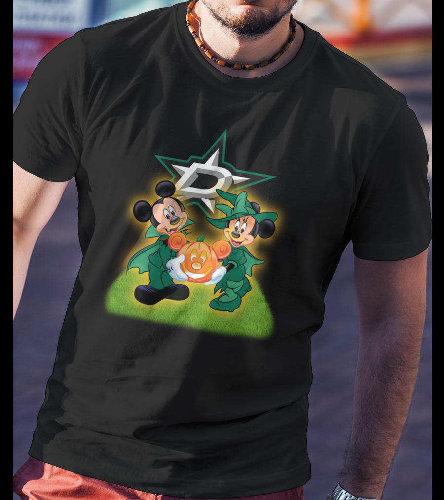 Dallas Stars Halloween Mickey And Minnie With Pumpkin On Grass Background T-Shirt
