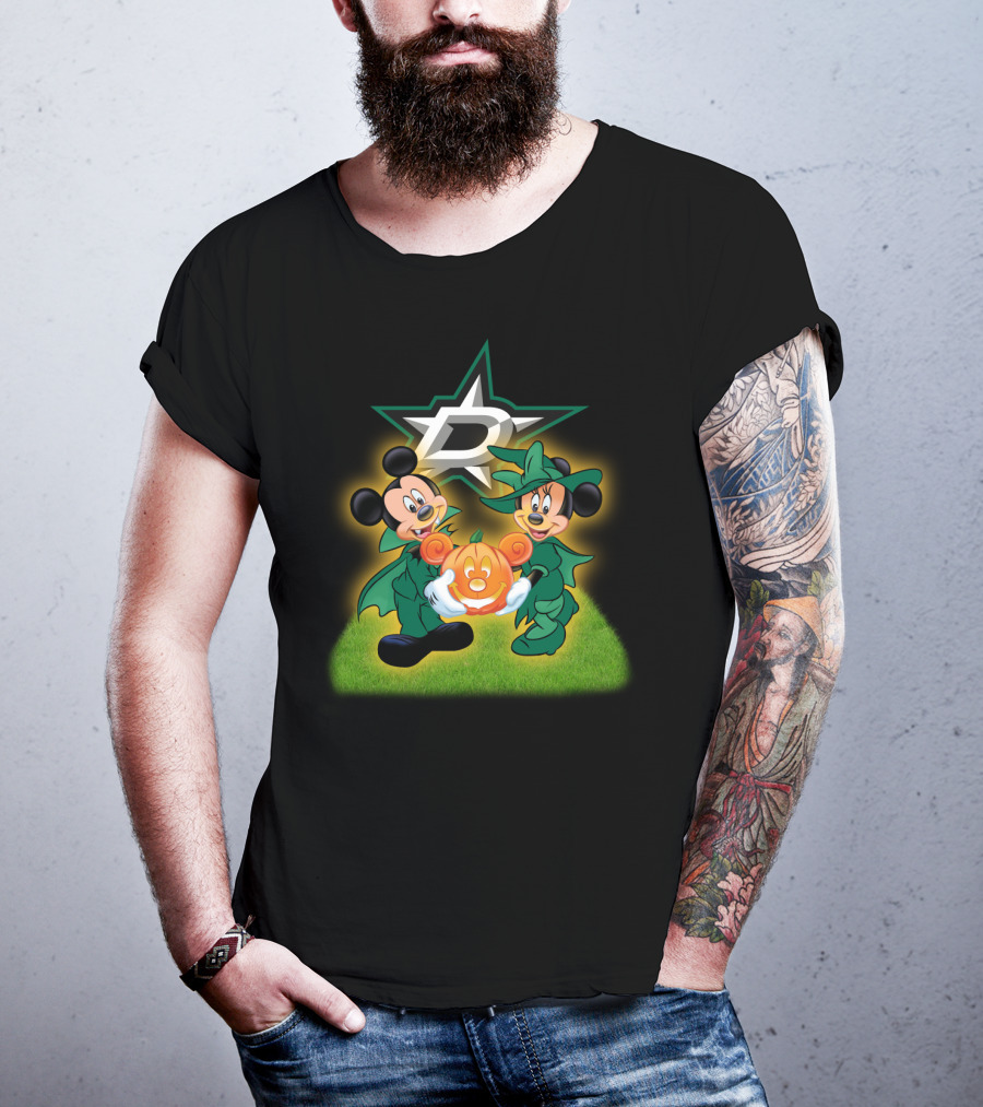 Dallas Stars Halloween Mickey And Minnie With Pumpkin On Grass Background T-Shirt