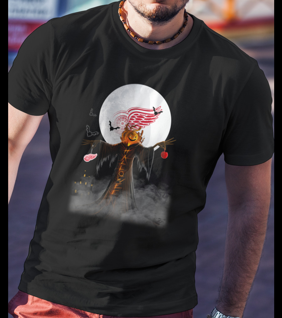 Halloween Detroit Red Wings Pumpkin Moon Bats Castle T-Shirt