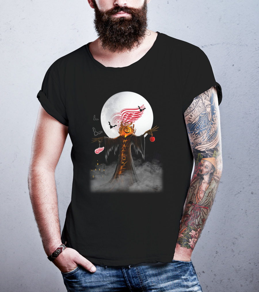Halloween Detroit Red Wings Pumpkin Moon Bats Castle T-Shirt