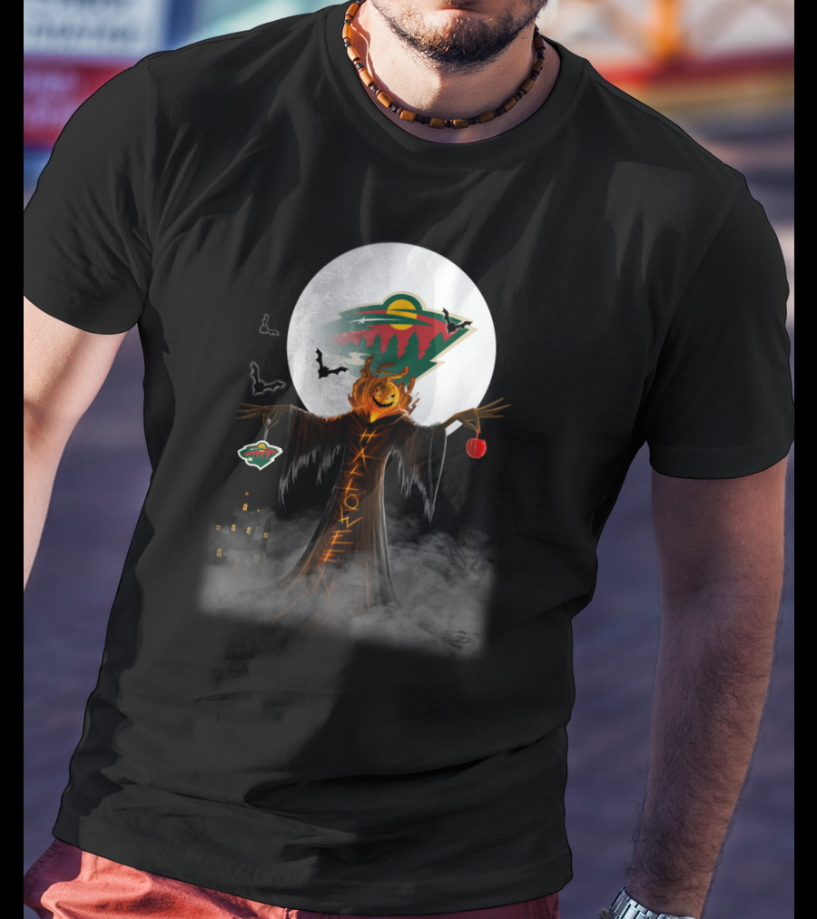 Halloween Pumpkin Scarecrow With Minnesota Wild Logo And Bats In Moonlit Haunted Scene T-Shirt