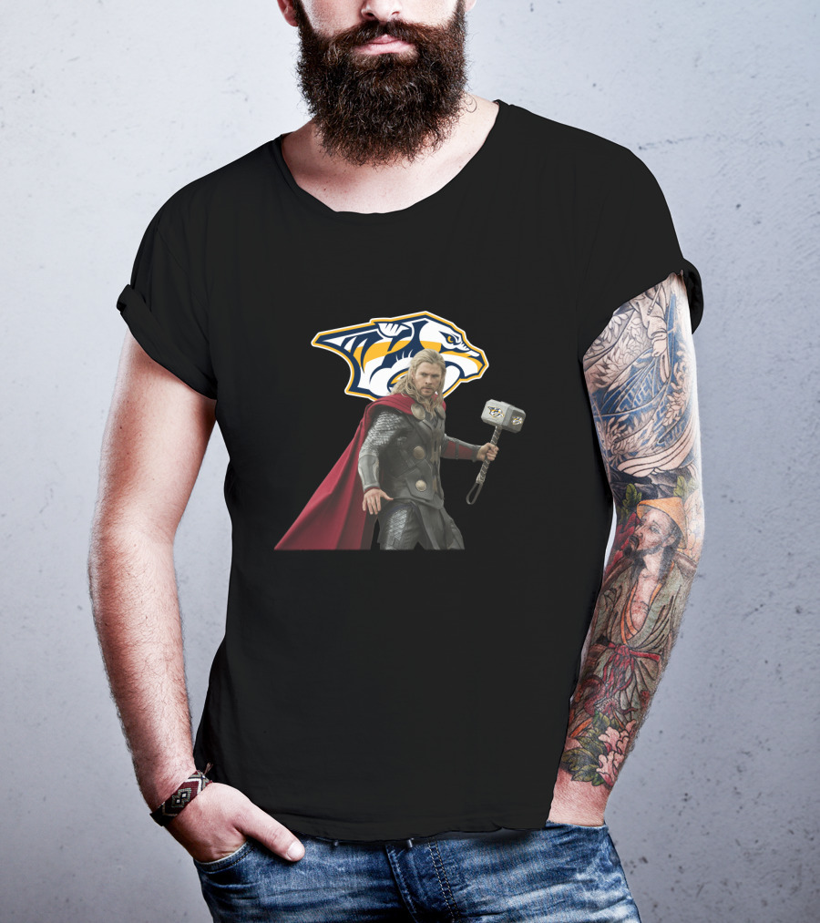 Nashville Predators Thor Crossover With Hockey Logo And Hammer T-Shirt