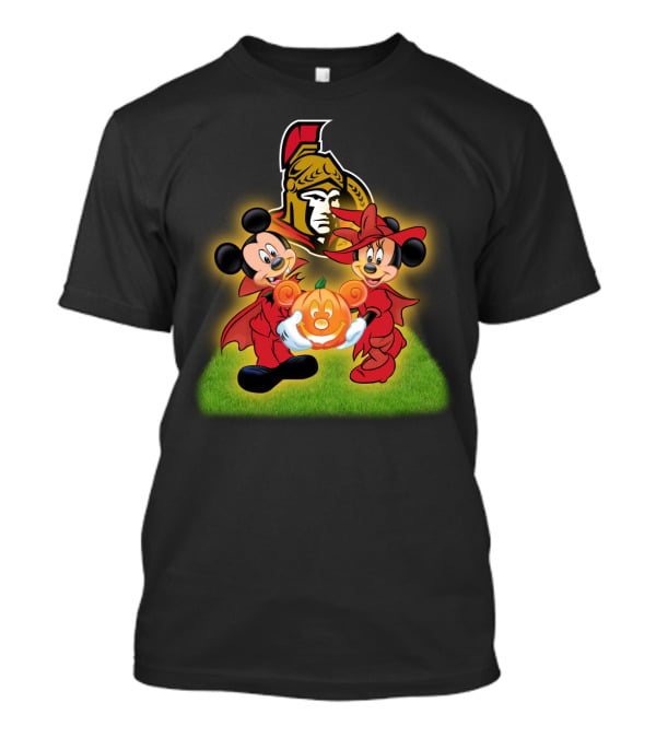 Mickey And Minnie Halloween Fun With Ottawa Senators Logo And Pumpkin T-Shirt