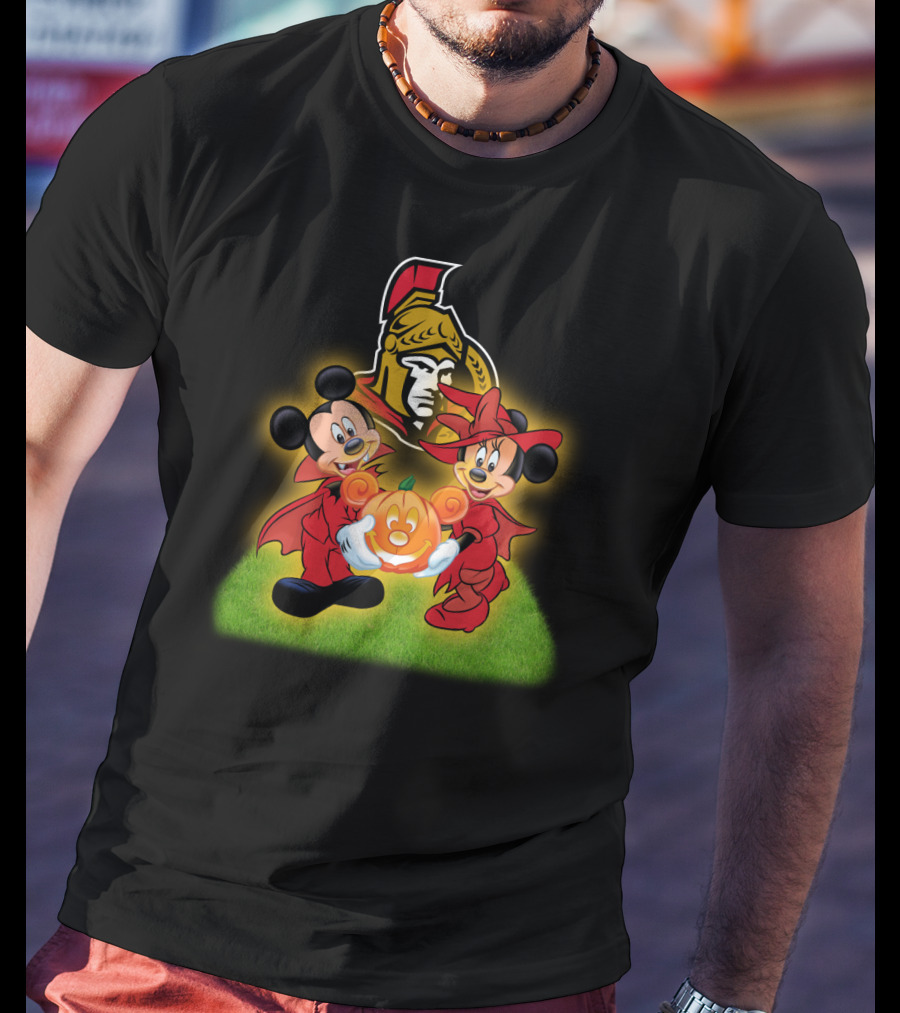 Mickey And Minnie Halloween Fun With Ottawa Senators Logo And Pumpkin T-Shirt