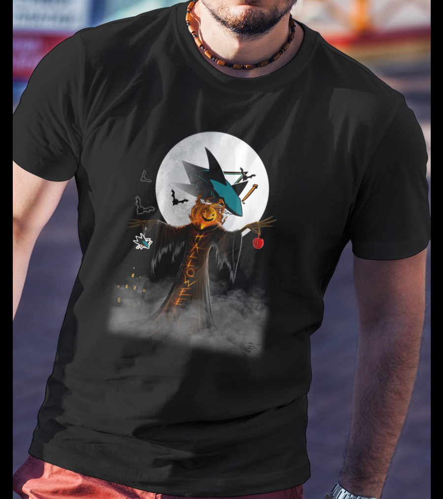 Halloween San Jose Sharks Full Moon Witch Pumpkin Bats T-Shirt