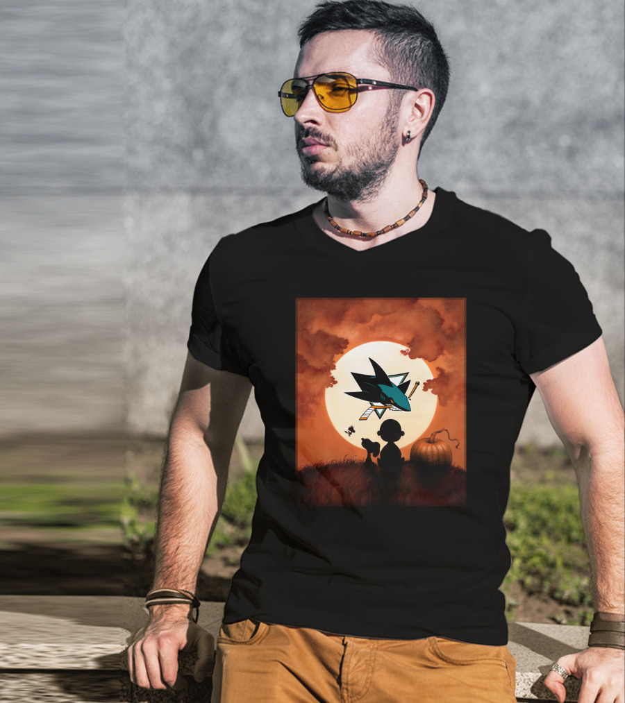 San Jose Sharks Halloween Pumpkin Moon Silhouette Scene T-Shirt