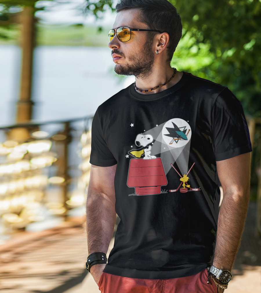 Snoopy Woodstock San Jose Sharks Nhl Fan Art Moonlight Scene T-Shirt