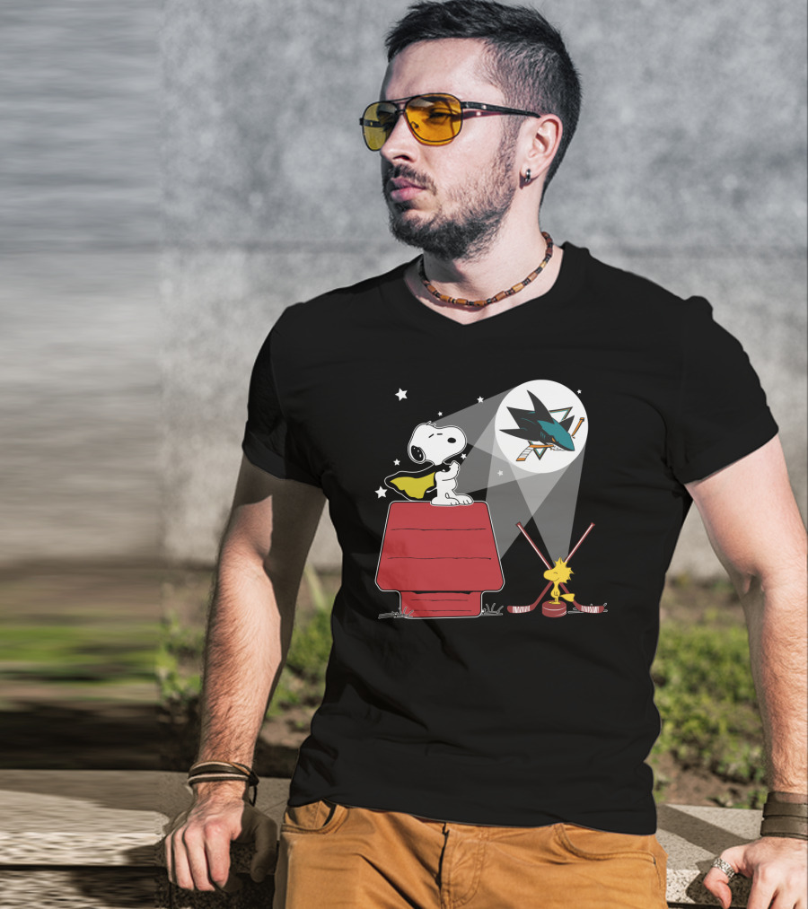 Snoopy Woodstock San Jose Sharks Nhl Fan Art Moonlight Scene T-Shirt