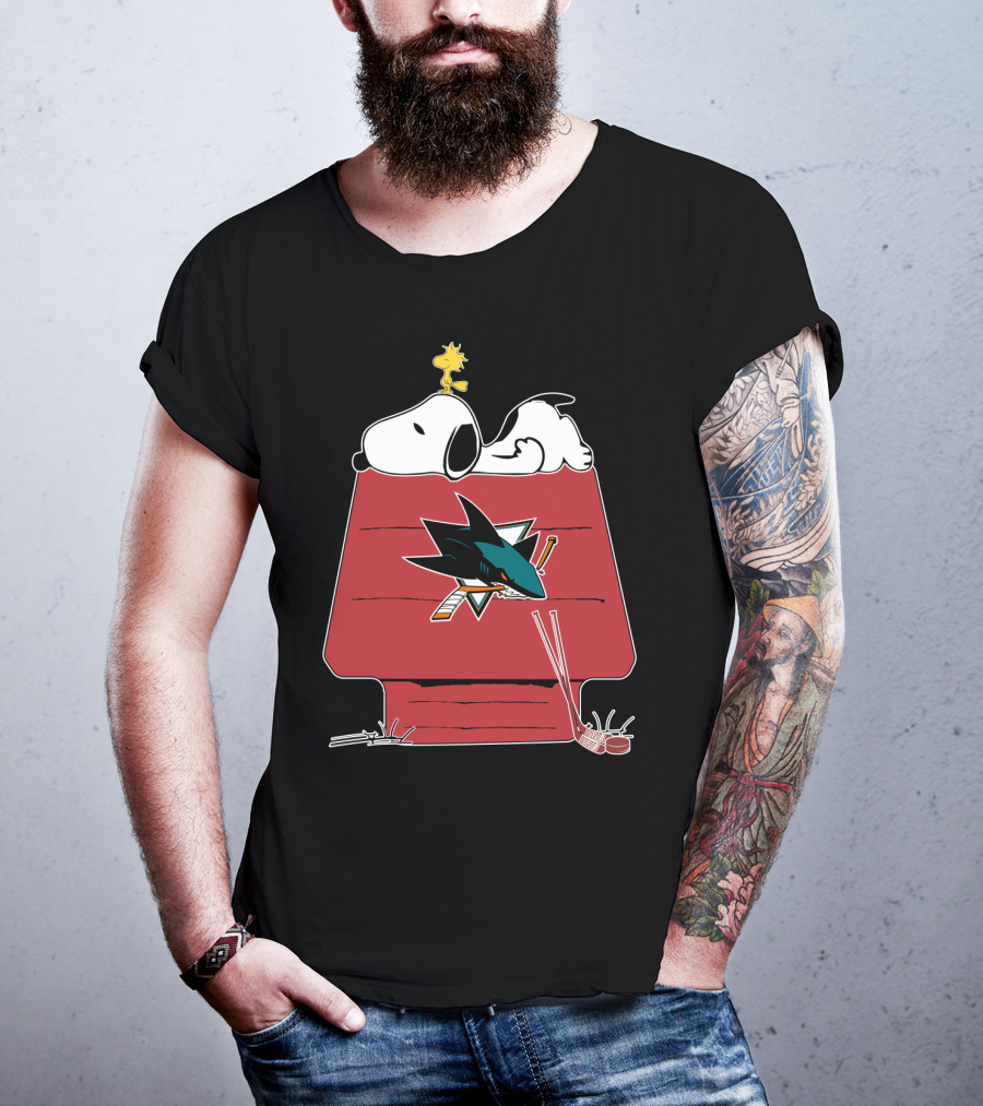 Snoopy And Woodstock On Doghouse With San Jose Sharks Logo And Hockey Sticks T-Shirt