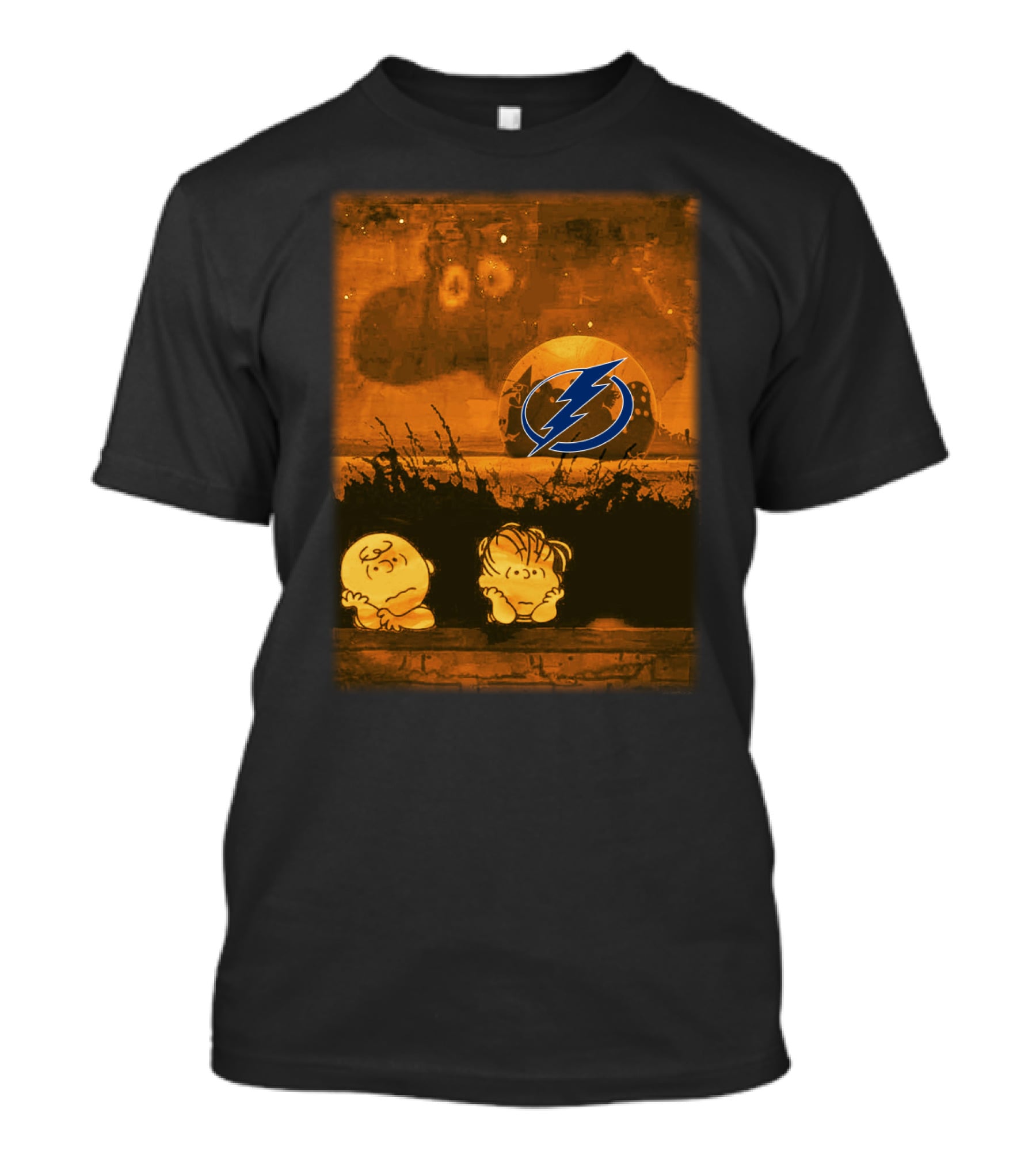 Halloween Tampa Bay Lightning Peanuts Crossover With Charlie Brown And Linus Pumpkin Scene T-Shirt
