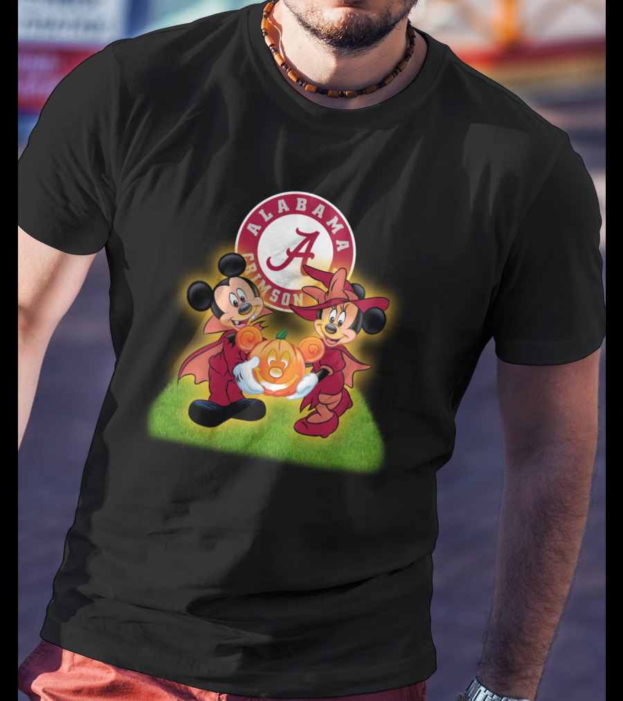 Alabama Crimson Tide Mickey And Minnie Halloween Football Pumpkin T-Shirt