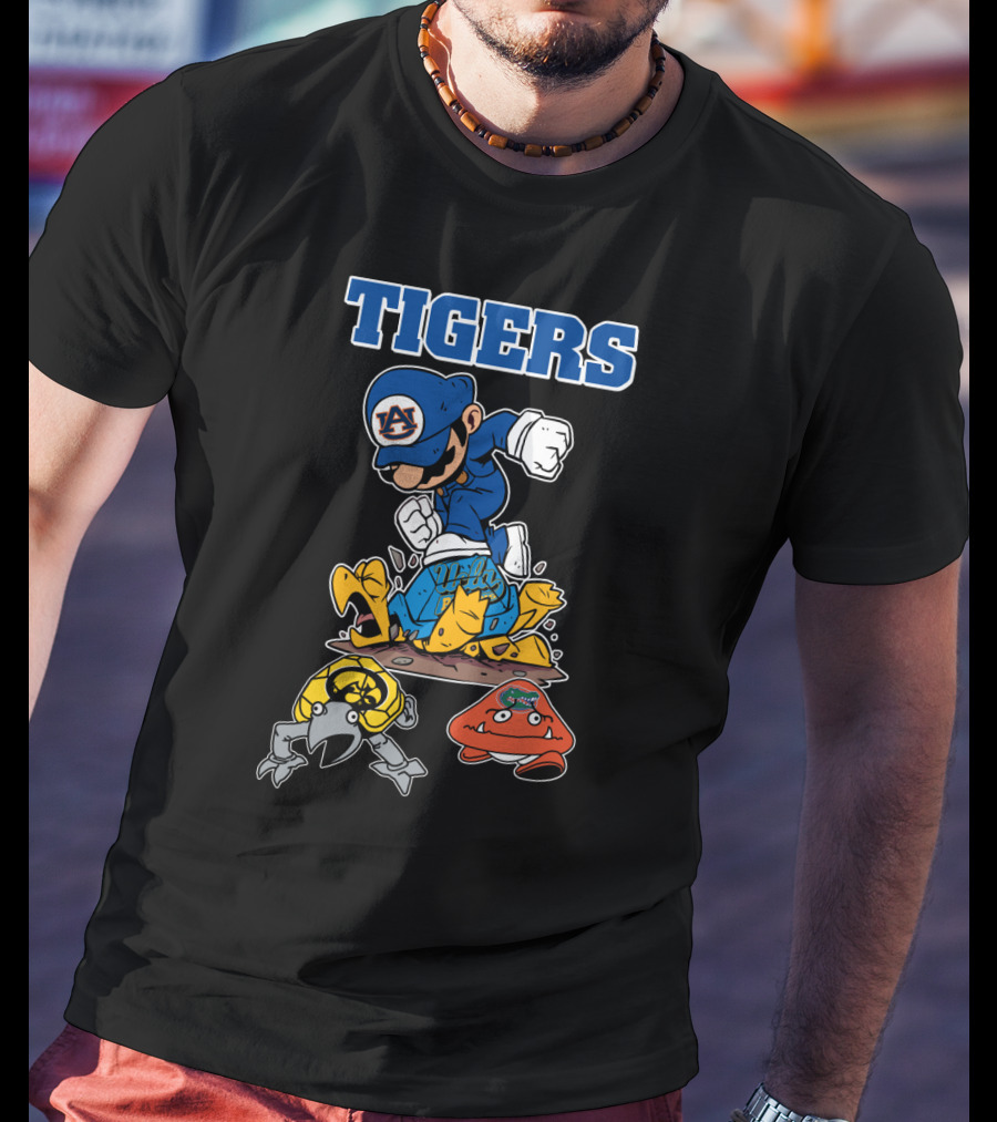 Auburn Tigers Football Character Jumping Over Classic Game Style Opponents T-Shirt