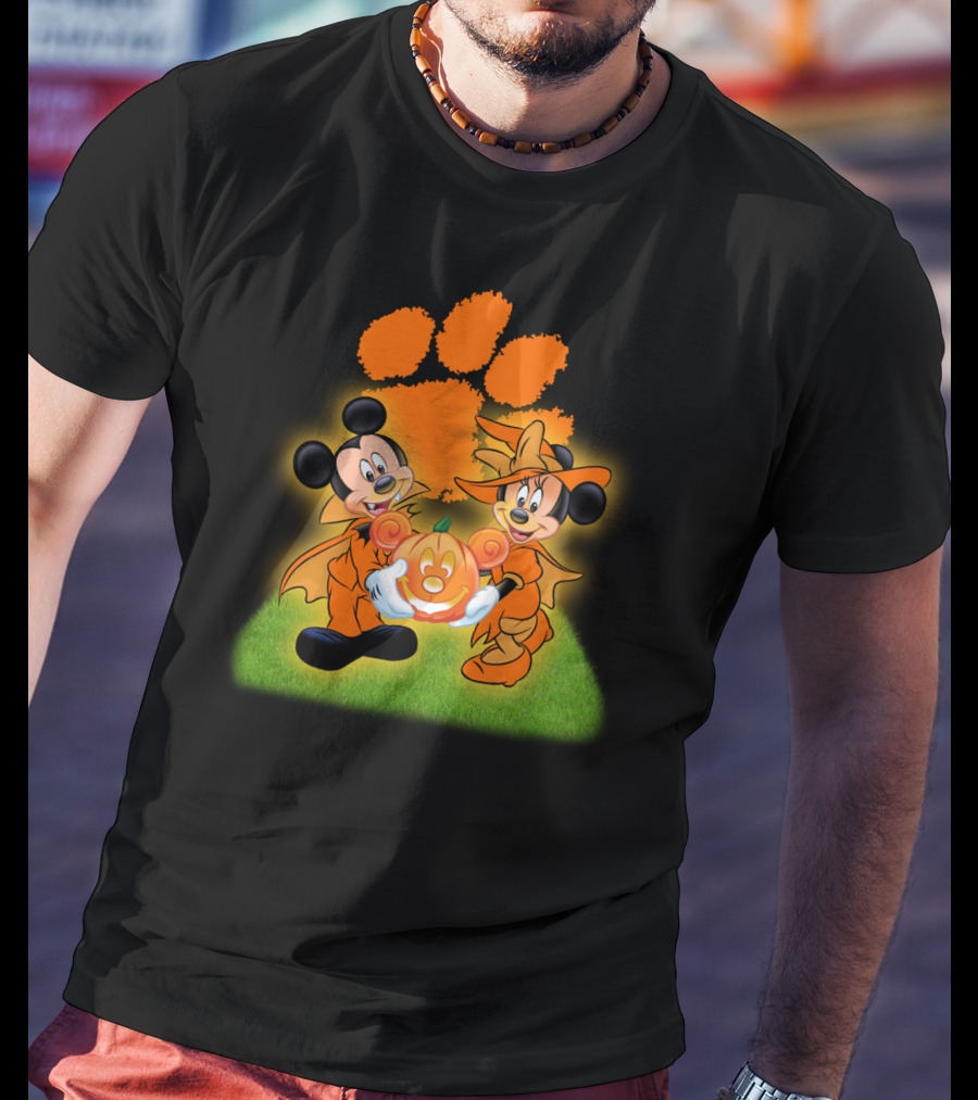 Clemson Halloween Football Mickey Minnie Pumpkin Paws T-Shirt