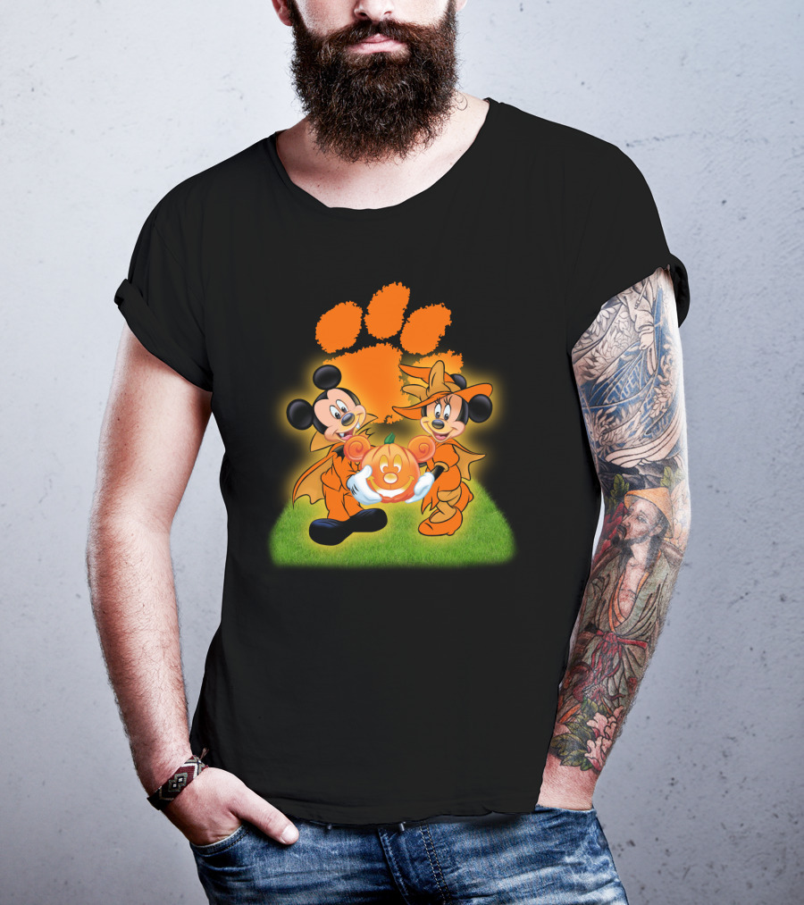 Clemson Halloween Football Mickey Minnie Pumpkin Paws T-Shirt