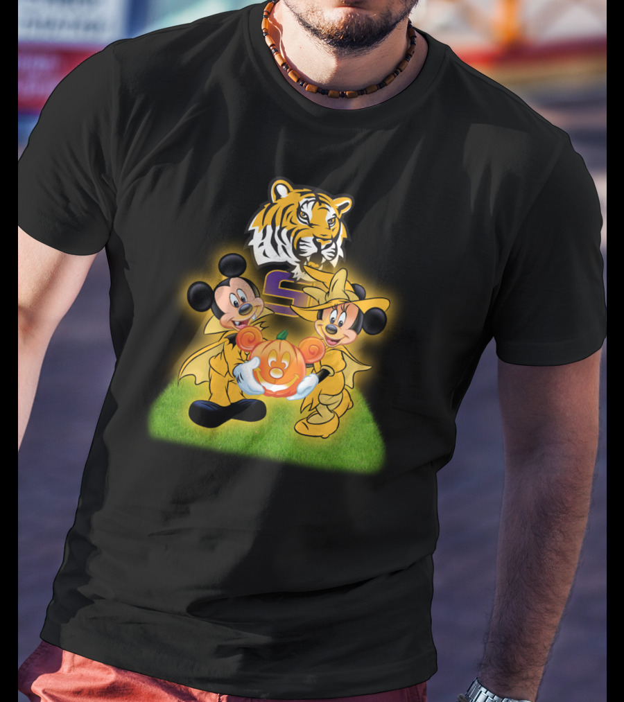 LSU Football Halloween Mickey And Minnie With Pumpkin Tiger T-Shirt