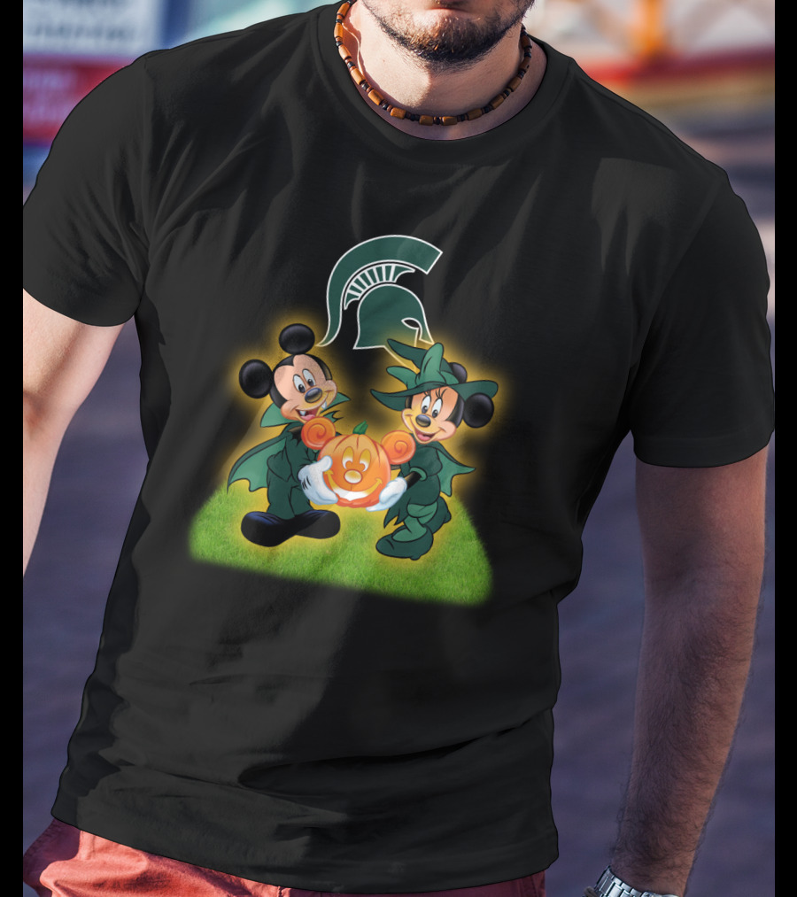 Halloween MSU Football Mickey Minnie Pumpkin Michigan Spartans T-Shirt