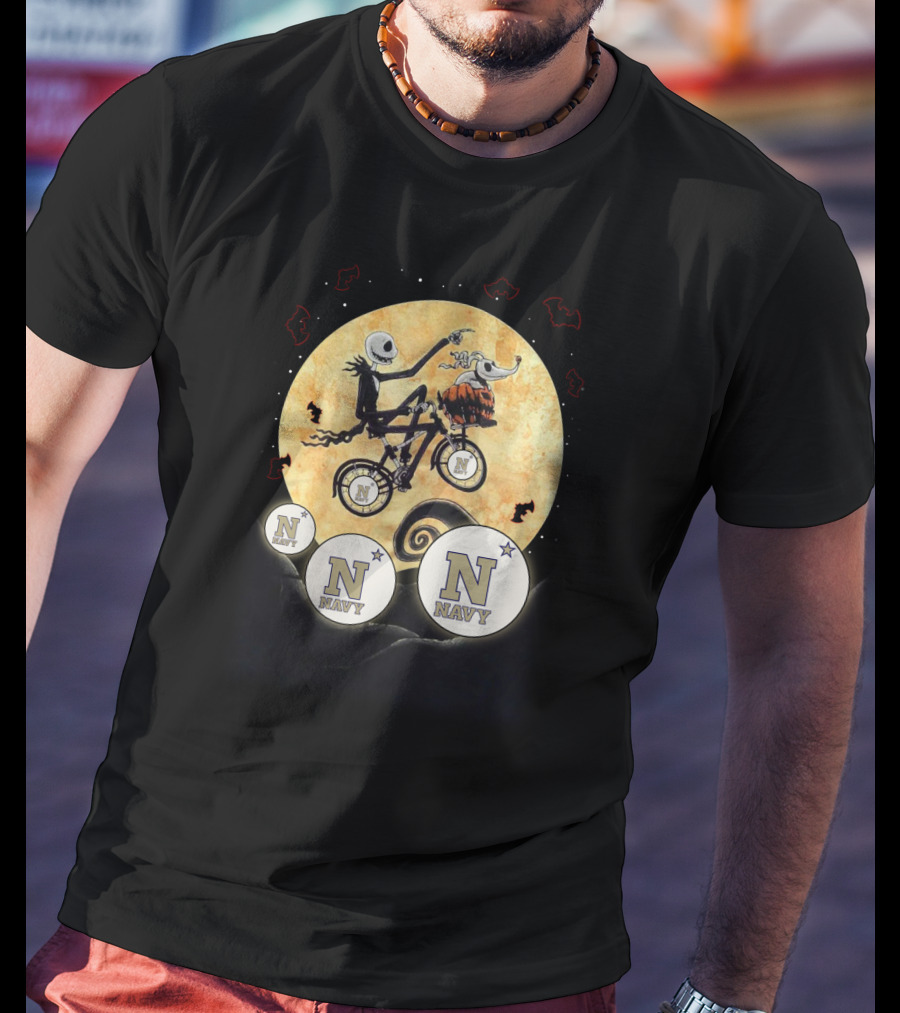 Navy Halloween Football Moon Cycling Scene With Stars And Bats T-Shirt
