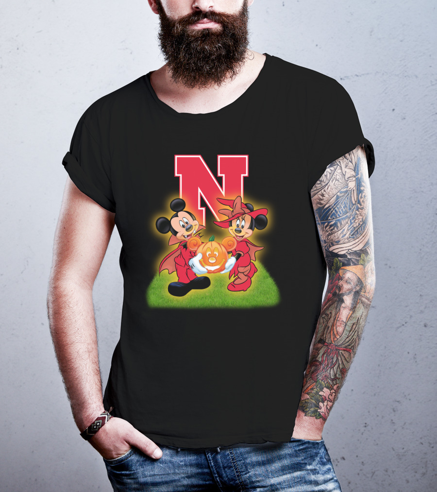 Halloween Nebraska Cornhuskers Football Mickey Minnie Pumpkin T-Shirt