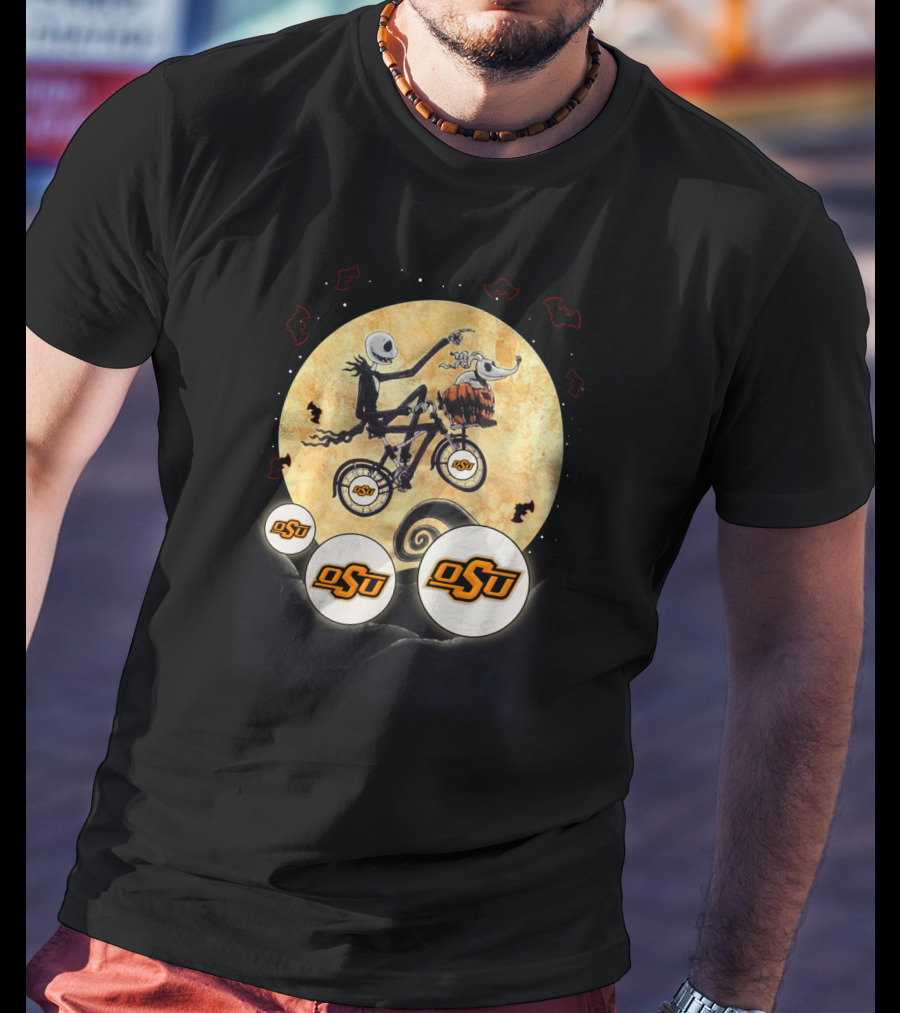 Osu Halloween Basketball Skeleton Riding Bicycle With Moon And Osu Logos T-Shirt