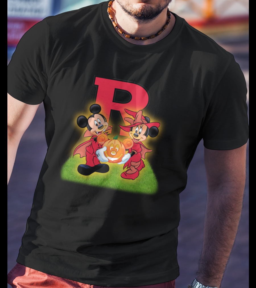 R Rutgers Halloween Mickey Minnie Pumpkin Football T-Shirt
