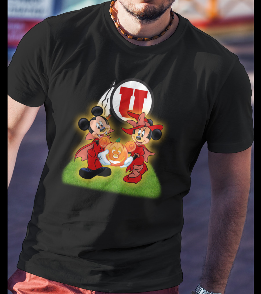 Utah U Halloween Football Pumpkin With Mickey And Minnie Mouse T-Shirt