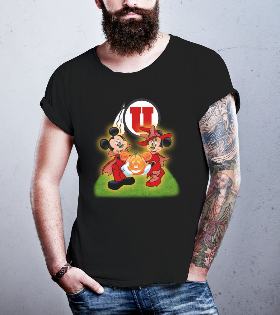 Utah U Halloween Football Pumpkin With Mickey And Minnie Mouse T-Shirt