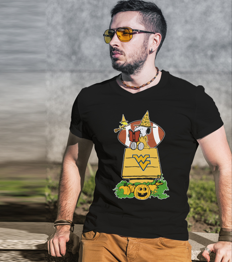 Snoopy Witch Reading On WVU Doghouse With Football And Pumpkins For Halloween T-Shirt