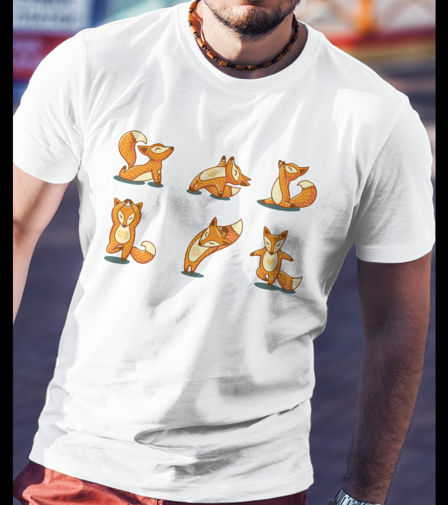 Fox Yoga Poses Playful Cartoon Style T-Shirt