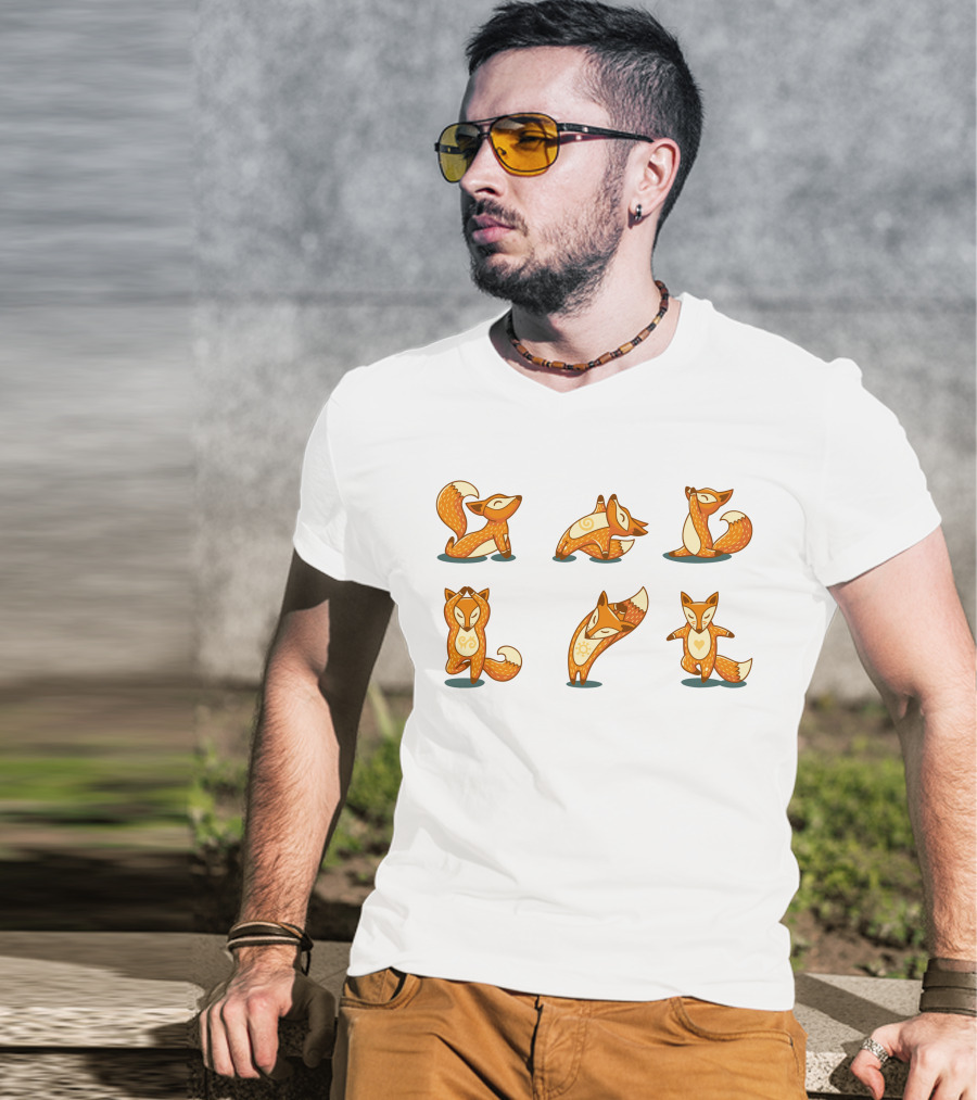 Fox Yoga Poses Playful Cartoon Style T-Shirt