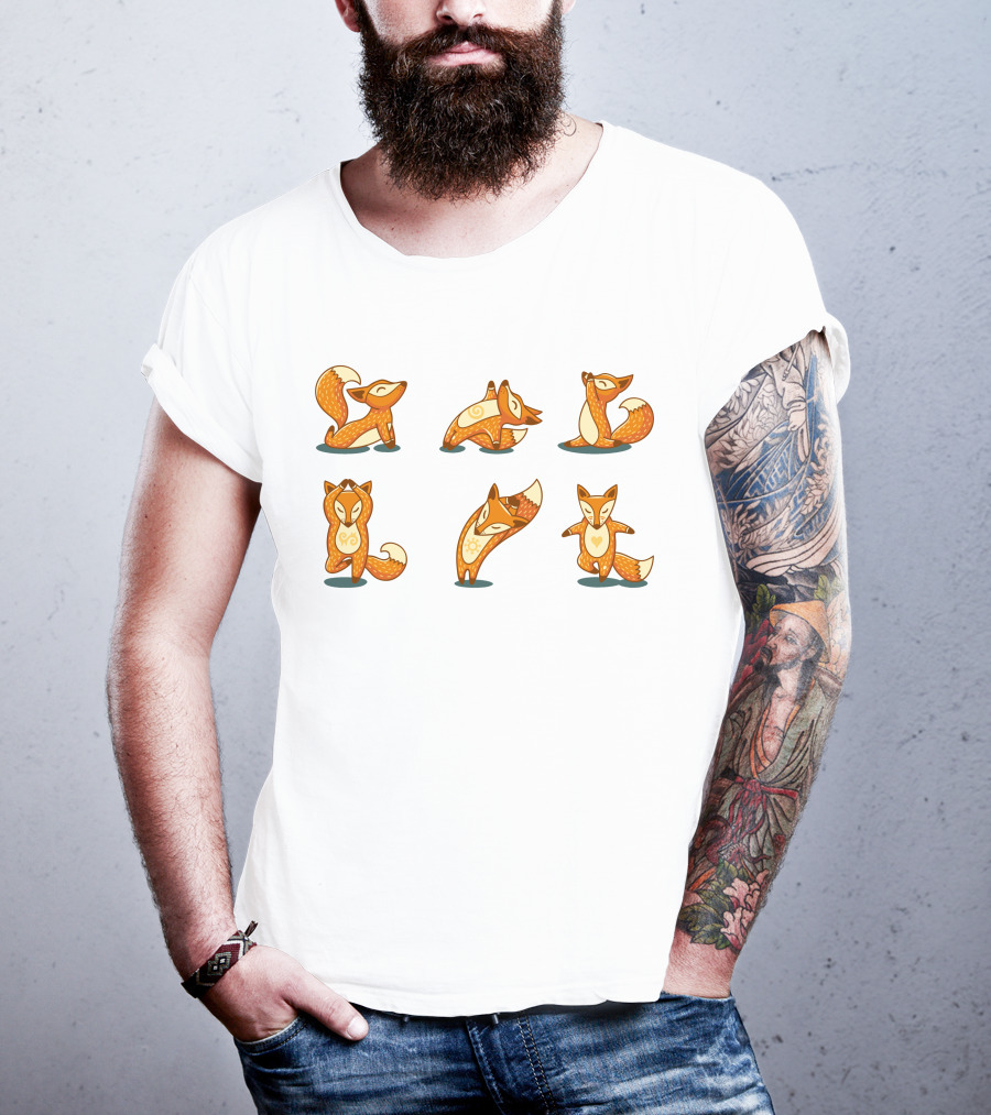 Fox Yoga Poses Playful Cartoon Style T-Shirt