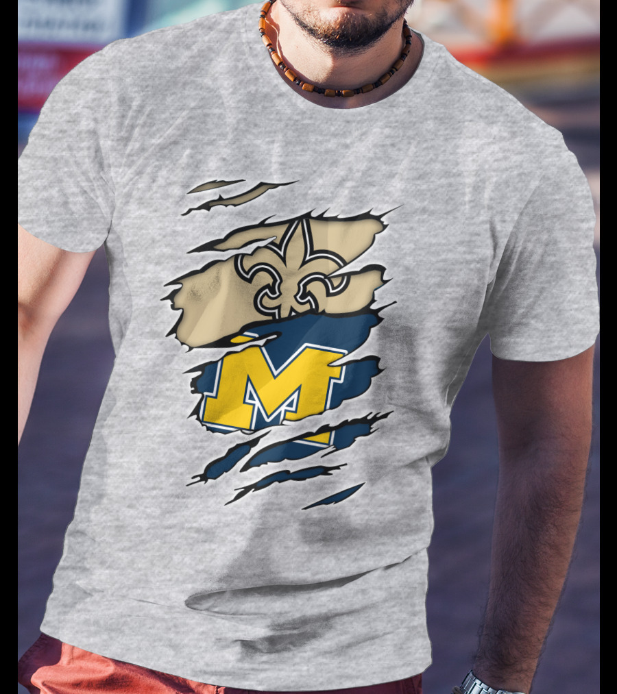 New Orleans Saints Fleur-De-Lis And Michigan Wolverines M Logo Ripped T-Shirt