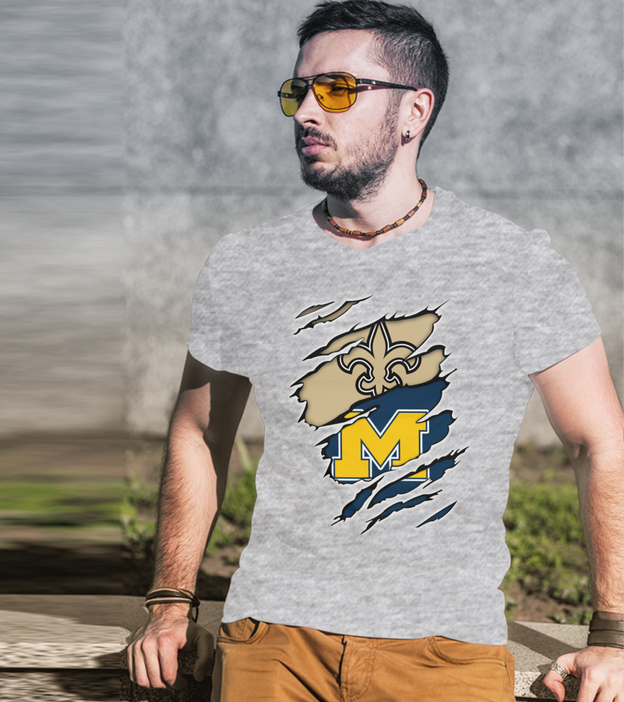 New Orleans Saints Fleur-De-Lis And Michigan Wolverines M Logo Ripped T-Shirt
