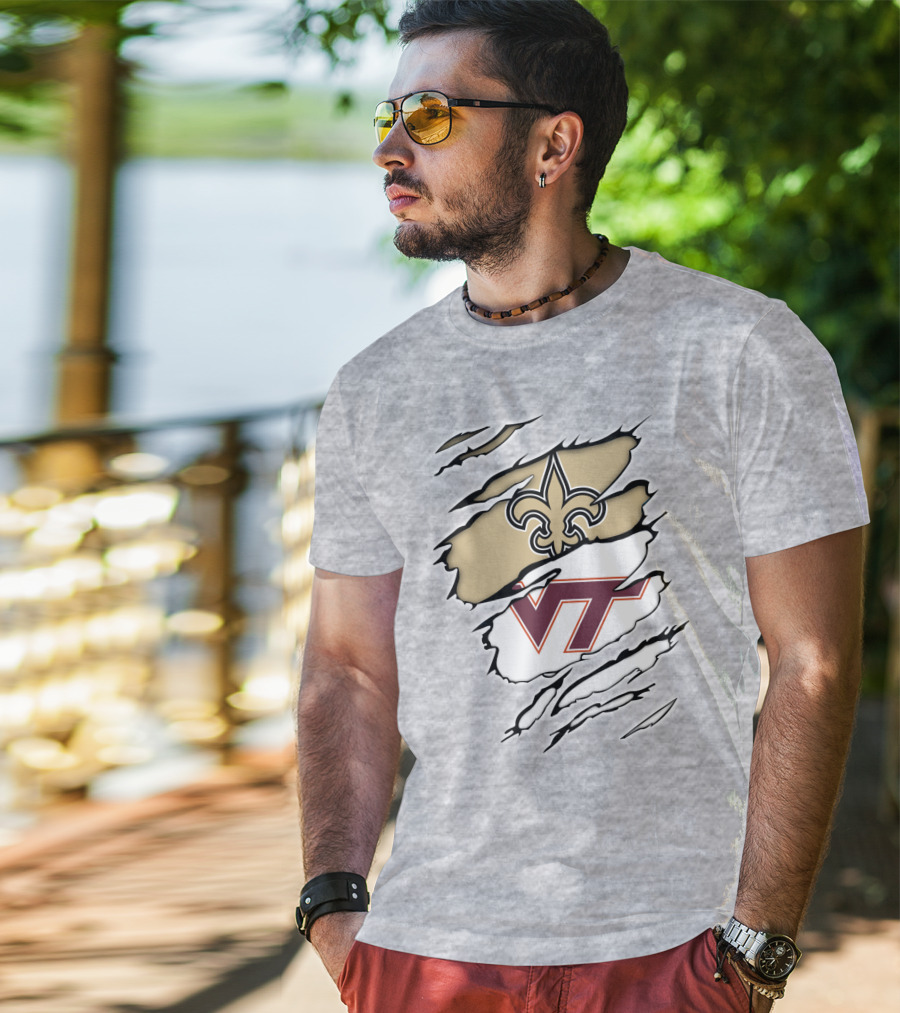 New Orleans Saints Virginia Tech Hokies Logo Fusion T-Shirt