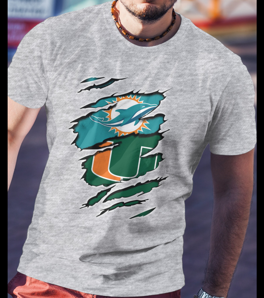 Miami Dolphins University Of Miami Hurricanes Logo Fusion T-Shirt