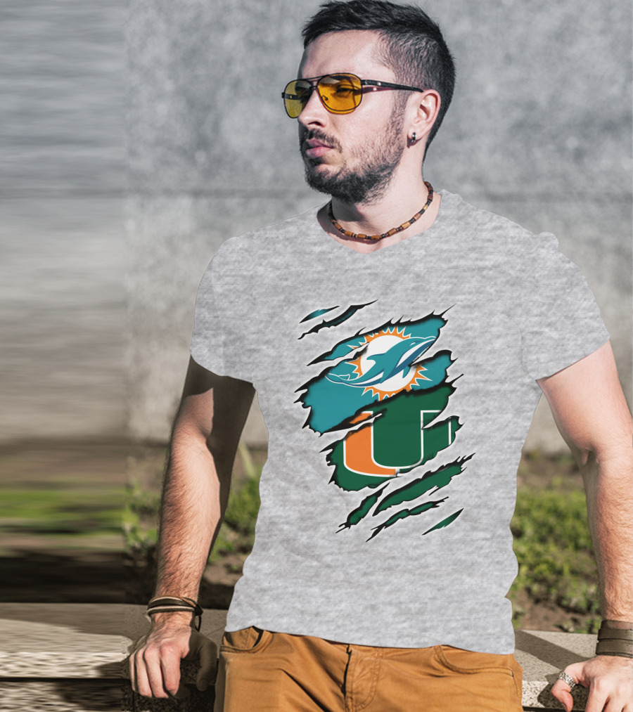 Miami Dolphins University Of Miami Hurricanes Logo Fusion T-Shirt