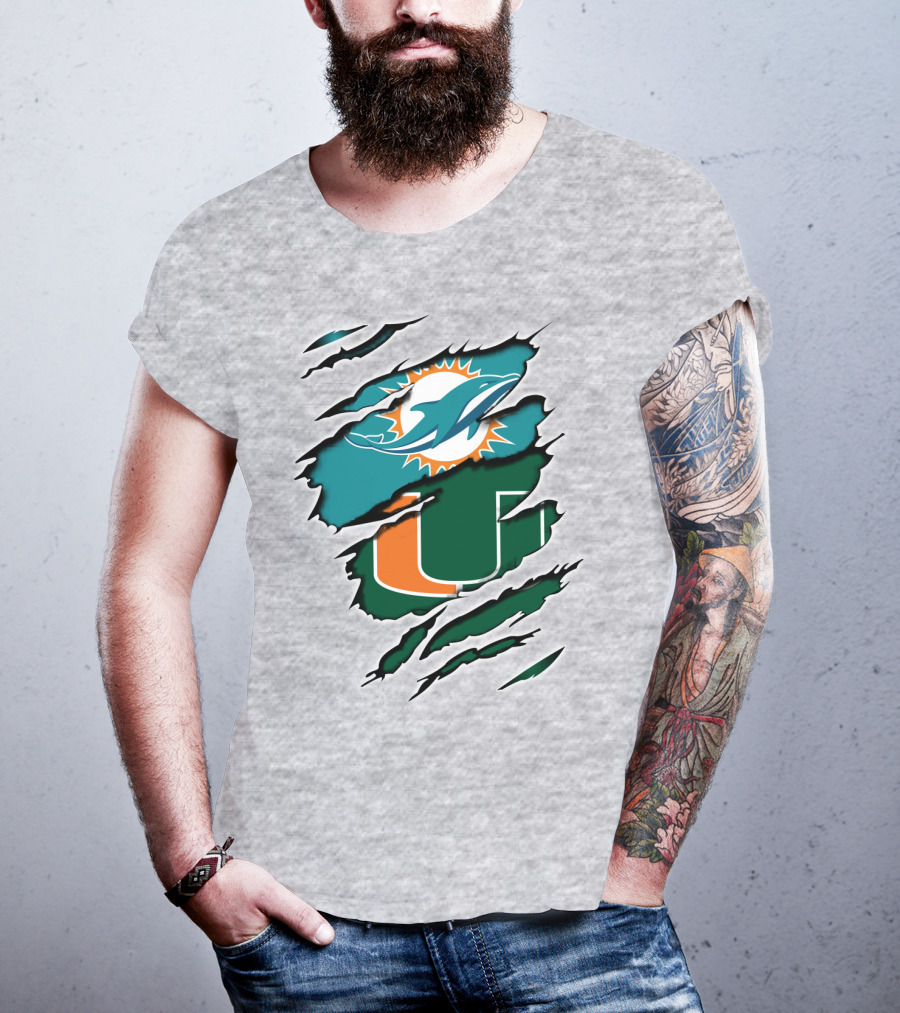 Miami Dolphins University Of Miami Hurricanes Logo Fusion T-Shirt
