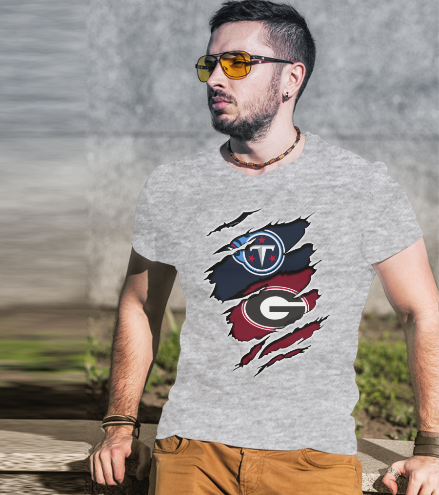 Tennessee Titans Georgia Bulldogs Claw Marks Fusion Logo With Team Icons And Colors T-Shirt